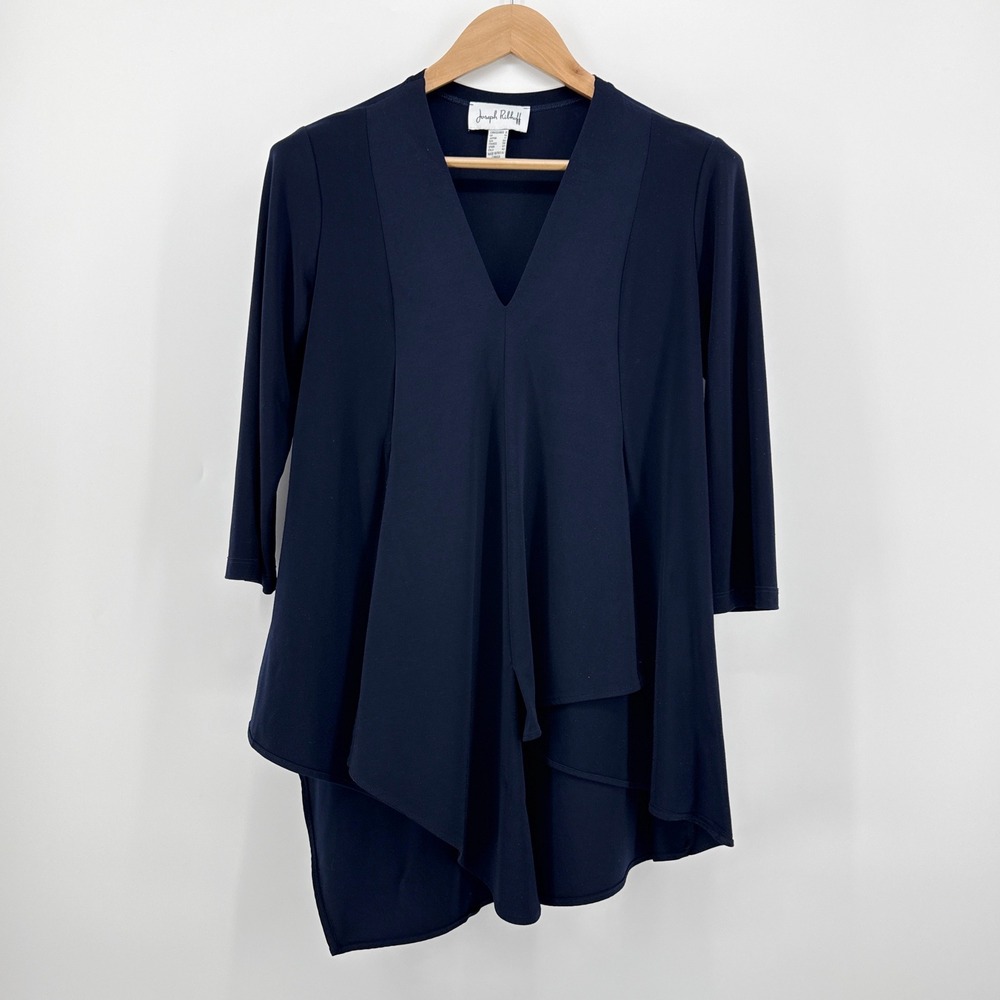 Joseph Ribkoff Asymmetric Draped‎ Tunic Top V-Neck 3/4 Sleeve Navy Blue Size 8